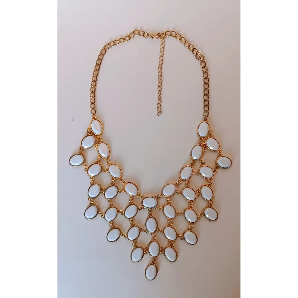 Vintage White Cabochon Bib Necklace Gold Tone Statement Necklace 16-19 in